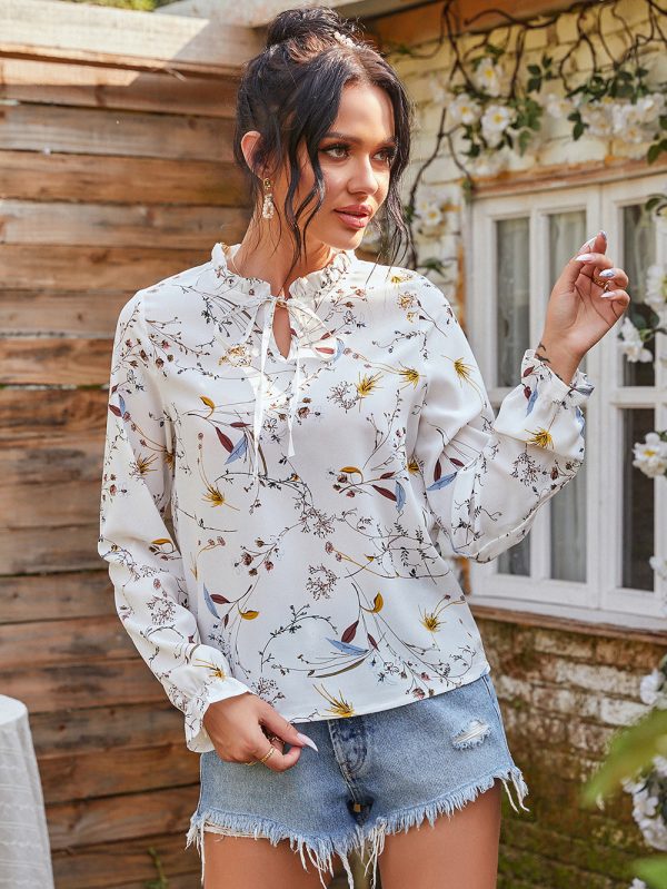 Women Clothing  Spring Autumn Long Sleeve Small Floral Tie-Neck Printed Top