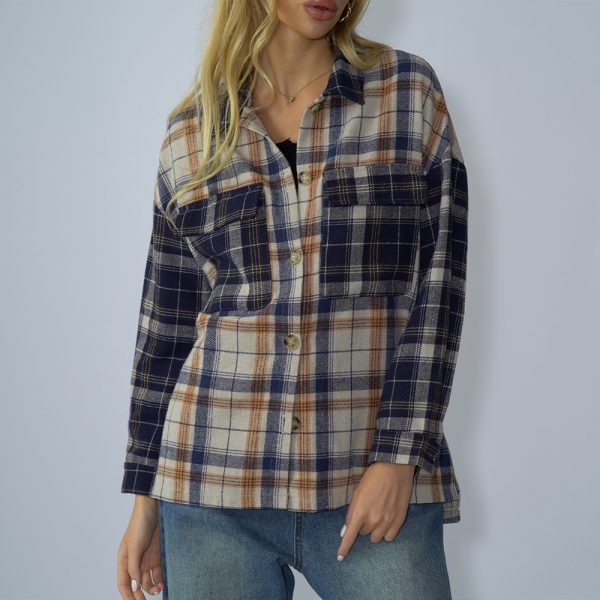 Women Clothing Spring Autumn Loose Stitching Off Shoulder Plaid Long Sleeve Single Breasted T Shirt Sweater Women