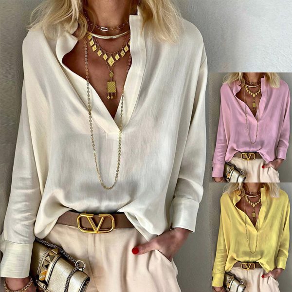 Women Clothing Spring Solid Color Stand Collar Long Sleeve Bohemian Cotton Linen Shirt