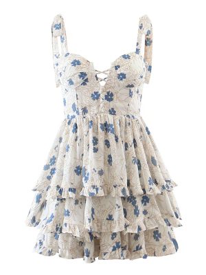 Sundress Seaside Vacation Printed Tied Spaghetti-Strap Wooden Ear Tiered Layered Dress for Women