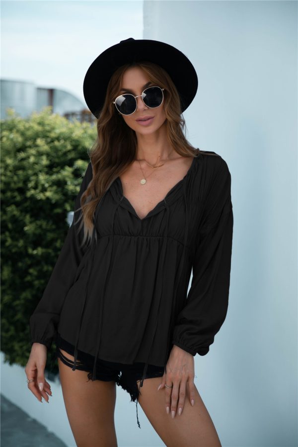 Summer Solid Color V-neck Lace-up Pleated Top