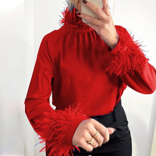 Elegant round Neck Stitching Feather Loose Fitting Solid Color Long Sleeves Shirt