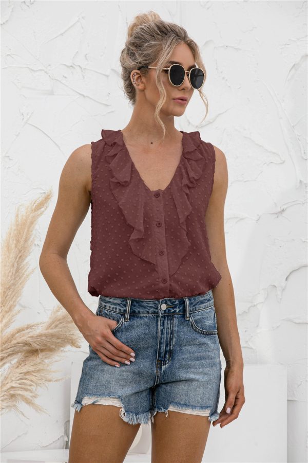 Spring Summer Sexy V-neck Ruffled Spaghetti Straps Button Shirt