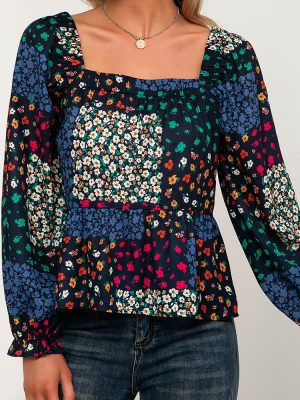 Square Collar Ruffle Sleeve Printed Shirt Floral Long Sleeved Casual Shirt Top Women