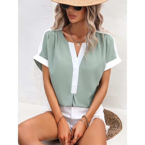 Eaby Shopee Casual Shirt Y Shaped Collar White Green Stitching Short Sleeve Shirt