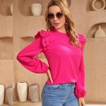 Women  Shirt Autumn Arrival Solid Color Round Neck Fungus Long Sleeve Straight Satin Women Top