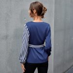 Autumn Spring New V-neck Elegant Stitching Color Block Shirt