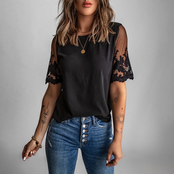 Lace Short-Sleeved Top WomenSolid Color Casual Chiffon Shirt