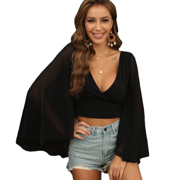 Summer Chiffon Top Sexy Deep V-neck Long-Sleeved T-shirt Top