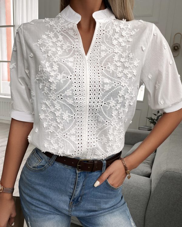 Summer Women V-neck Stand Collar Eyelet Embroidery Lace Top Shirt