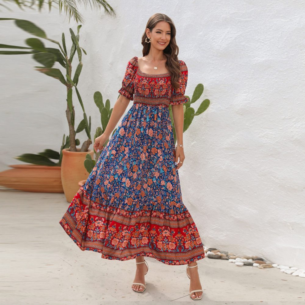 Bohemian Beach Holiday Dress off Shoulder Puff Sleeve Floral Mid Length Dress