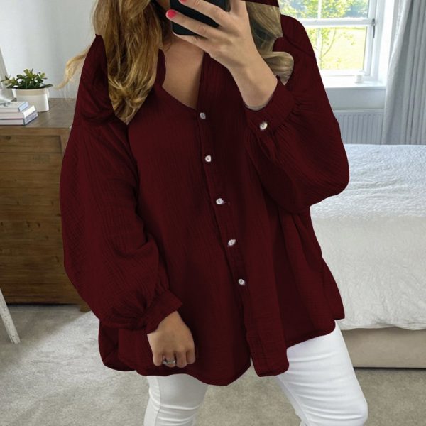 Women Clothing Autumn Solid Color Simple Loose Cotton-Linen Shirt