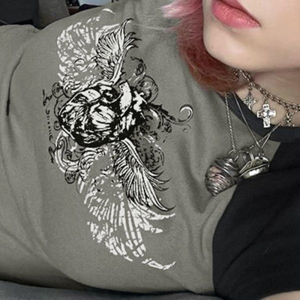 Summer Sexy Hipster Street Retro round Neck Raglan Contrast Color Wings Printing Short Sleeve T shirt