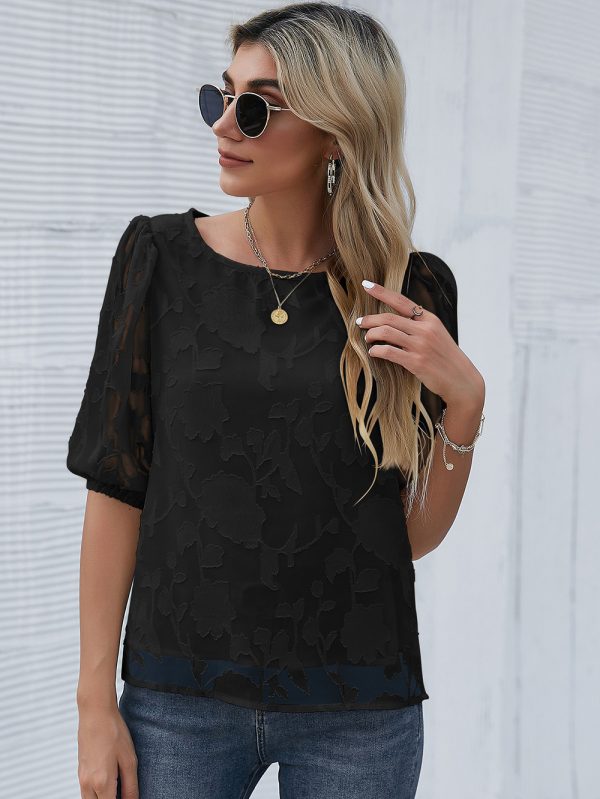 Summer Women Chiffon Floral Pullover round Neck Shirt with Half Sleeve Office Chiffon Shirt