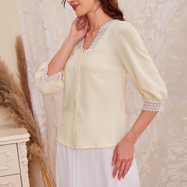 Spring Autumn Design Lace Shirt Hollow Out Cutout Lace V neck Patchwork Shirt Gentle Top for Women