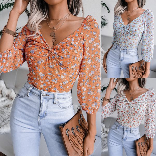 Autumn Winter Sexy V-neck Knotted Floral Chiffon Shirt Top Women Clothing