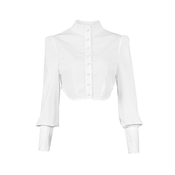 Autumn Chinese Collar High-Necked Short Top Lace White Shirt cropped Workplace Long Sleeve Women