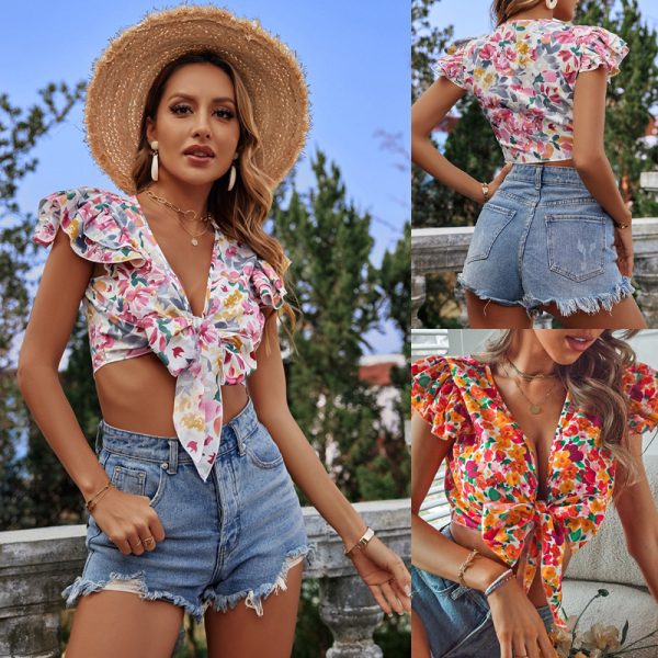 Summer Bow Floral Refreshing Lotus Leaf Small Shirt Top Women