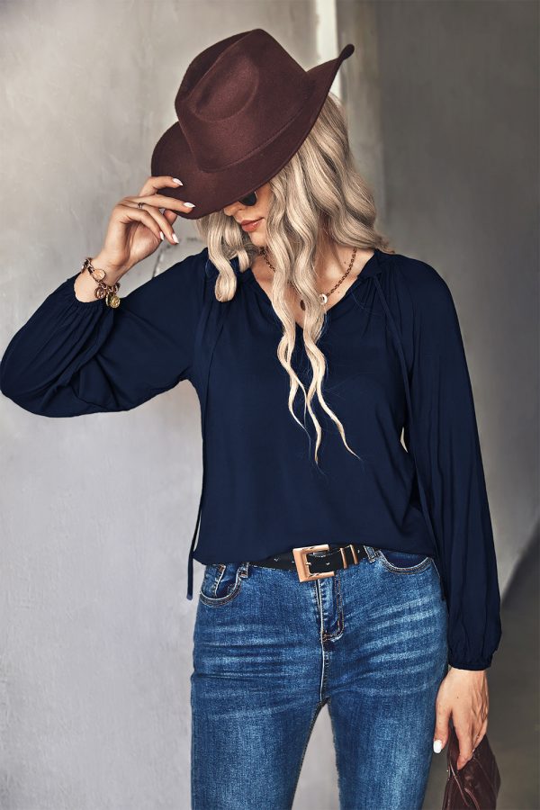 Autumn Winter Solid Color V neck Long Sleeve Top