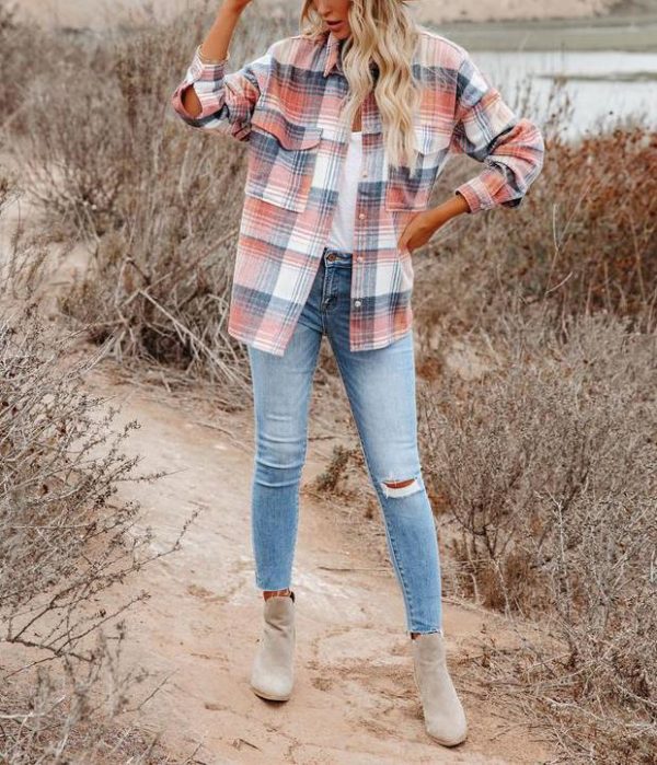 Autumn Casual Women Collared Loose Plaid Mid Length Blouse