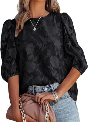 Women Clothing Summer Floral Texture Puff Sleeve Chiffon Loose Sweet Top