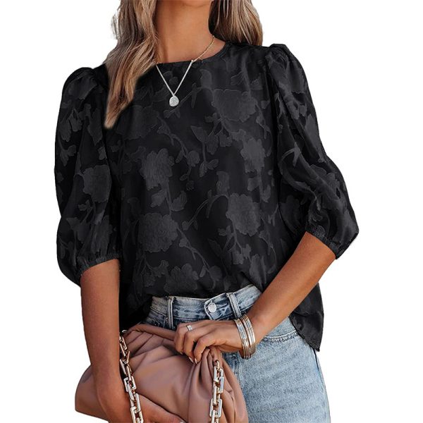 Women Clothing Summer Floral Texture Puff Sleeve Chiffon Loose Sweet Top