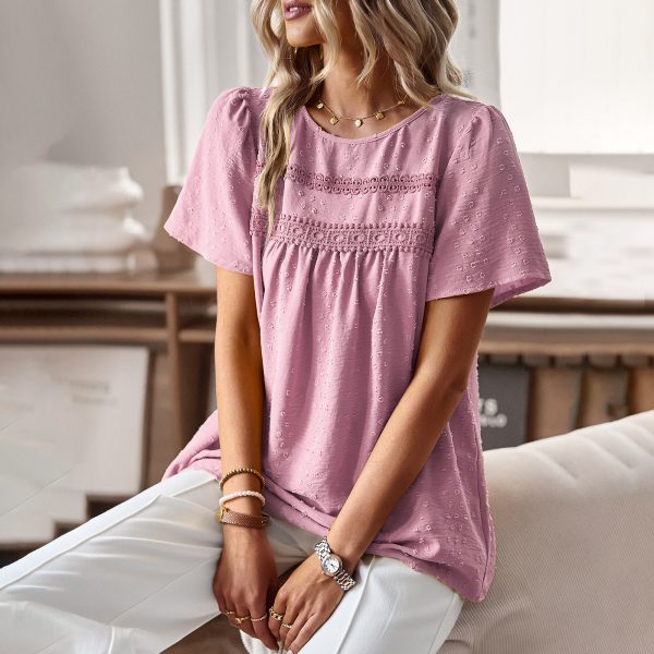 round Neck Patchwork Top Spring Summer Loose Women Wear Shirt Solid Color