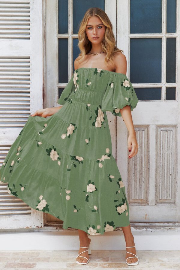 Women Clothing off the Shoulder Bubble Sleeve Printed Dress