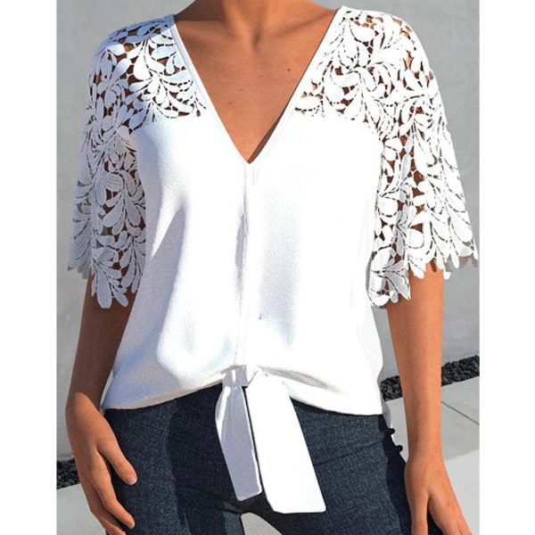 Summer V Neck Sexy Lace Cutout Short Sleeved Chiffon Blouse Women Top