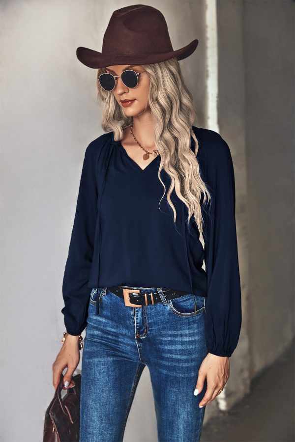 Autumn Winter Solid Color V neck Long Sleeve Top