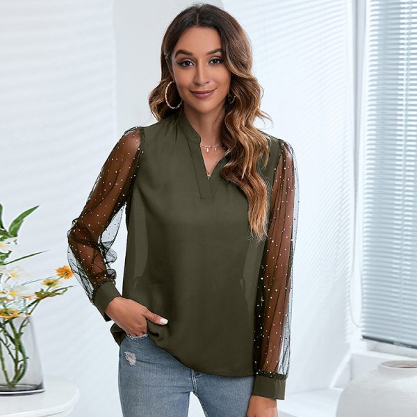 Women Clothing Long Sleeve Mesh Patchwork Top Spring Summer V-neck Chiffon Shirt