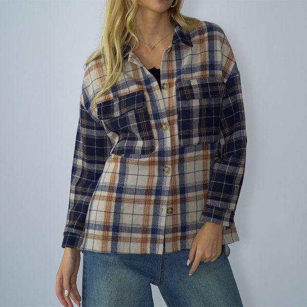 Women Clothing Spring Autumn Loose Stitching Off Shoulder Plaid Long Sleeve Single Breasted T Shirt Sweater Women