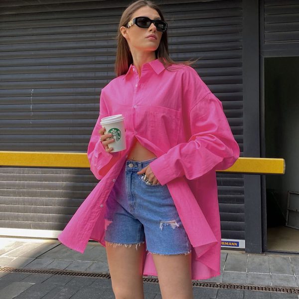 Fall New Rose Red Women Clothing  Fashion  Long Sleeve Shirt Loose Cotton Sun Protection