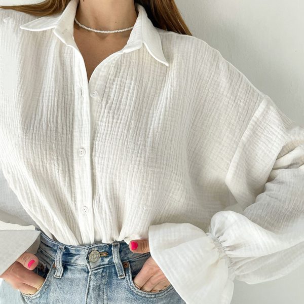 Autumn Flared Sleeves Long Sleeves Shirt Pure Cotton Casual Office Niche White Shirt For Women