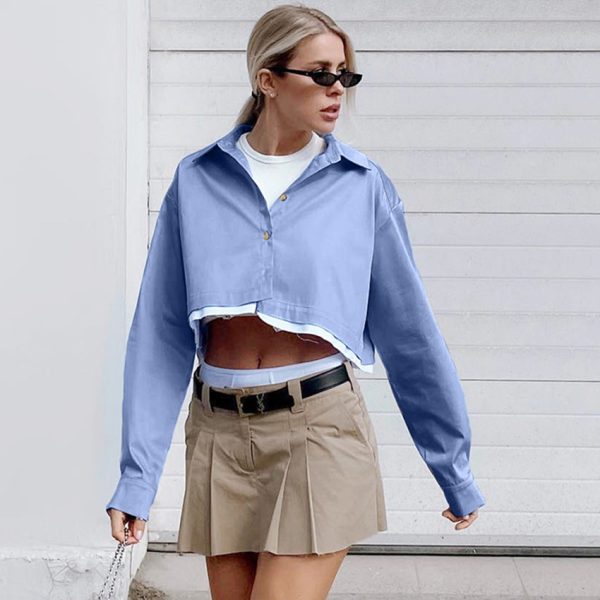 Early Autumn Long Sleeve Short Stitching Contrast Color Shirt Office Special Shirt Women Clothing