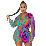 Women Clothing Fall Winter Printed Shirt Collar Casual Jumpsuit