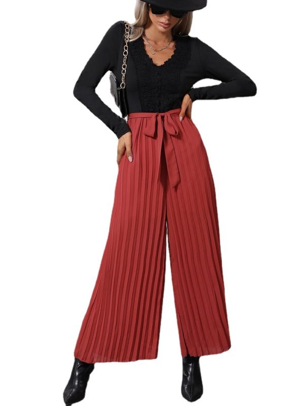 Goods Loose Long Sleeve Folding Casual Straight Leg Wide Leg V neck Jumpsuit for Women