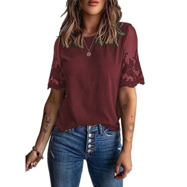 Summer Women round Neck Short Sleeve Top Lace Chiffon Shirt