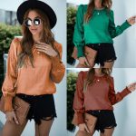 Spring Autumn Smocking Long Sleeve Solid Color round Neck Shirt