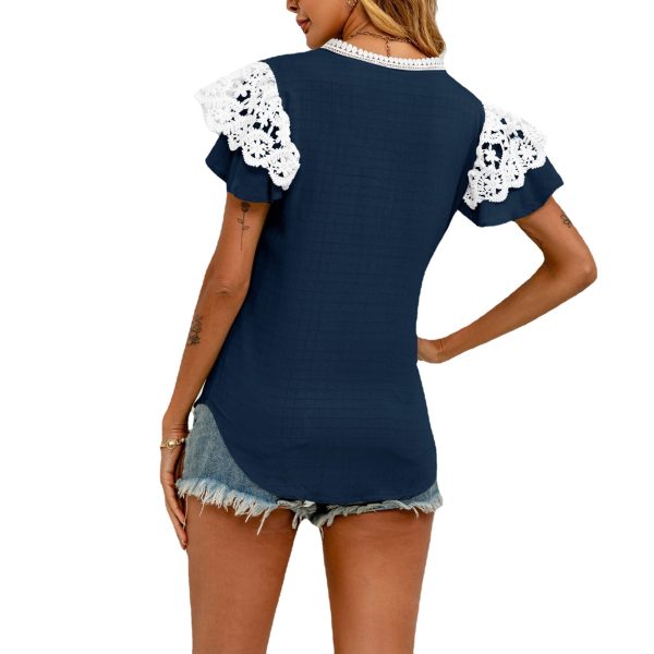 Spring Summer Women Clothing Dovetail V neck Lace Short-Sleeved T shirt Shirt Top