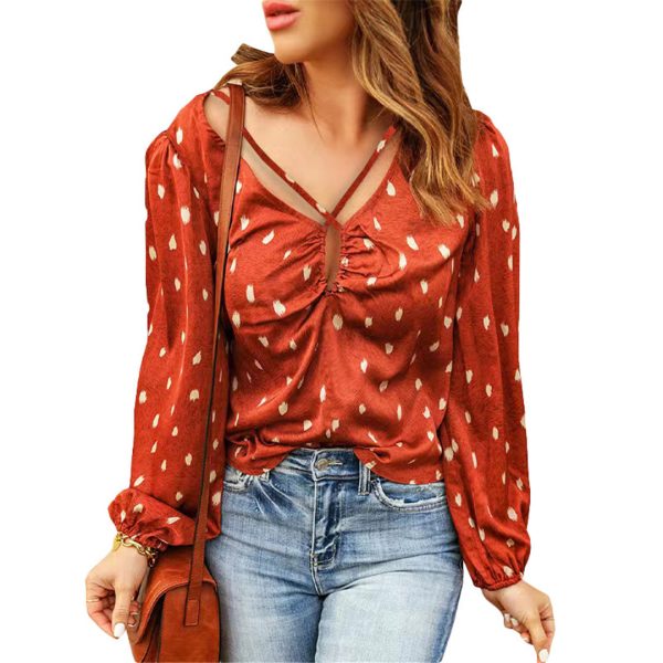 Printed Polka Dot Shirt Women Summer V-neck Criss Cross Drawstring Printed Puff Sleeve Top