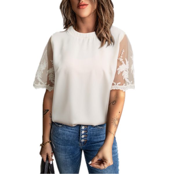 Summer Women round Neck Short Sleeve Top Lace Chiffon Shirt