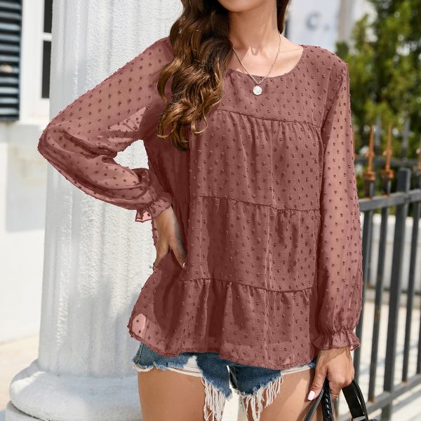 Women Clothes Spring Autumn Loose Chiffon Shirt Long Sleeve round Neck Ruffle Top Babydoll