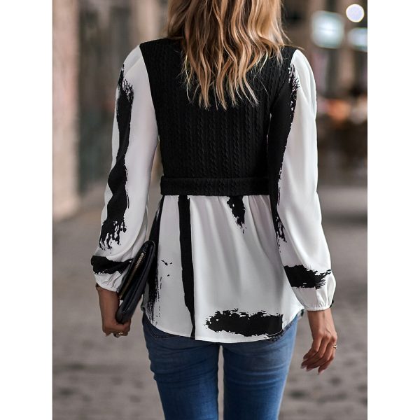 Women Round Neck Patchwork Top Spring Long Sleeve Shirt Women