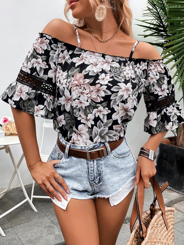 Women Clothing Spring Summer Casual Loose Lace Floral Shirt