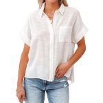 Summer Polo Collar Solid Color Short Sleeve Casual Women Cotton Linen Shirt Top Women Clothing
