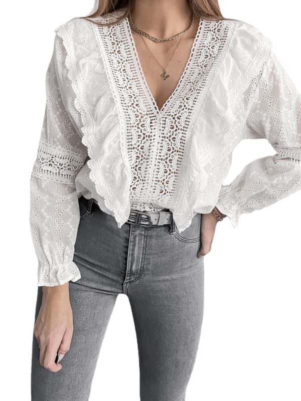 Women Clothing Spring Summer V-neck Lace Long Sleeve Tops Shirt Lace Hollow Out Cutout Eyelet Embroidery