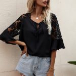 Office Black Loose Chiffon Bell Sleeve Mid-Length Solid Color Loose Pullover Chiffon Shirt