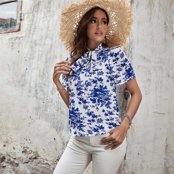 Summer Blue White Printed Tie Collar Short Top