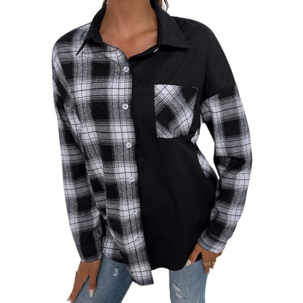 Autumn Winter Black White Plaid Single-Breasted Long Sleeve Shirt Women Collared